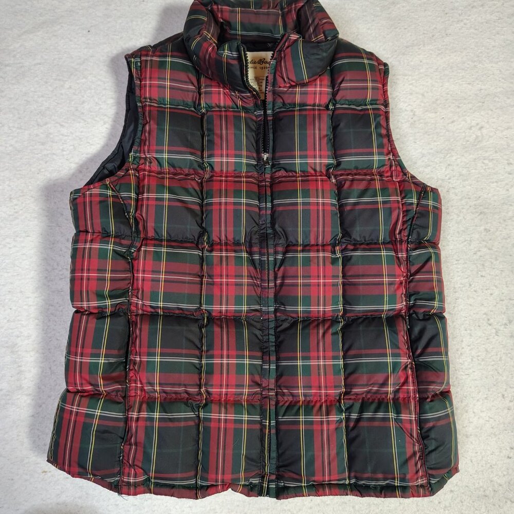 Eddie Bauer Goose Down Vest Womens Plaid Red Green Black Full Zip Puffer - Picture 3 of 16